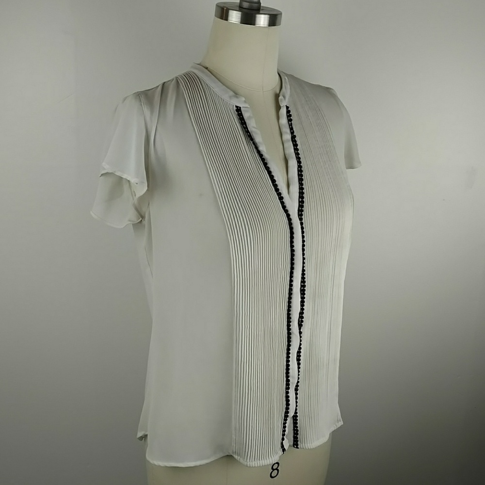 Black and White Blouse Pin Tucks Flutter Sleeves